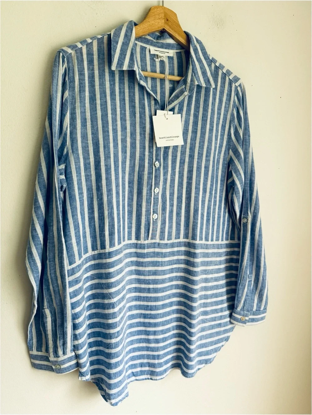 NWT BeachLunchLounge Anthropologie Chelsea Blue & White Striped Linen Shirt